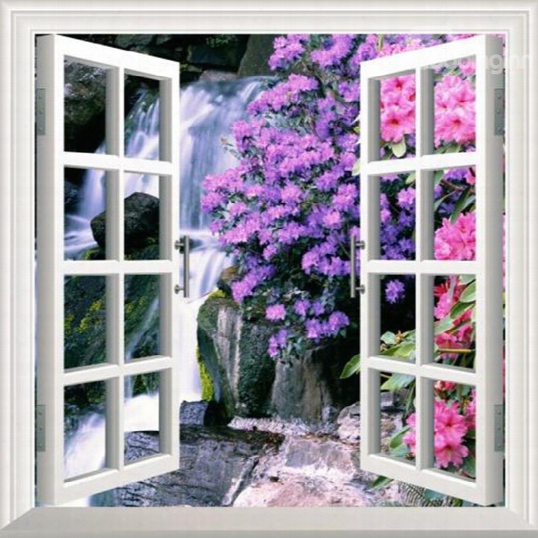 Natural Waterfall And Flower Window Scenery Decorative 3d Wall Stickers