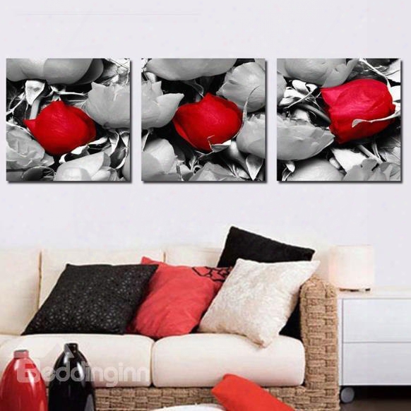 New Arrival Beautiful  Red And Grey Roses Print 3-piece Cross Film Wwall Art Prints