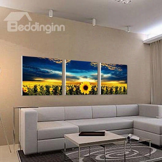 New Arrival Beautiful Sunflowers And Blue Sky Print 3-piece Cross Film Wall Art Prints