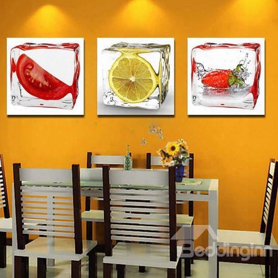 New Arrival Lovely Iced Sliced Fruits Print 3-piece Cross Film Wall Art Prints