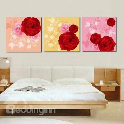 New Arrival Lovely Red And Pink Roses Print 3-piece Cross Film Wall Art Prints