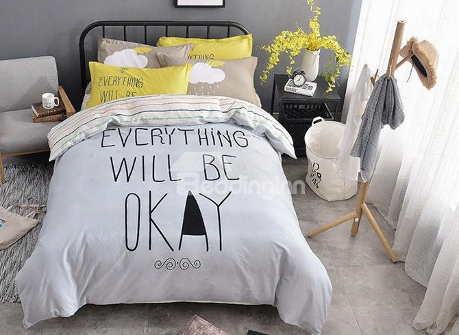 Nordic Style Letters Printed Cotton Gray Kids Duvet Covers/bedding Sets