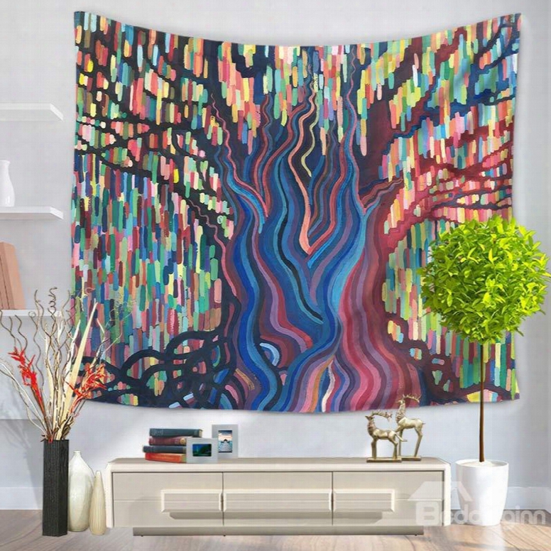 Oil Painting Colorful Stripes Tree Shape And Lights Decorative Hanging Wall Tapestry