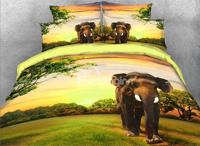 Onlwe 3d Elephants Through Green Forest Natural 4-piece Bedding Sets/duvet Covers