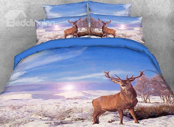 Onlwe 3d Elk In Snow Printed 4-ipece Bedding Sets/duvet Covers