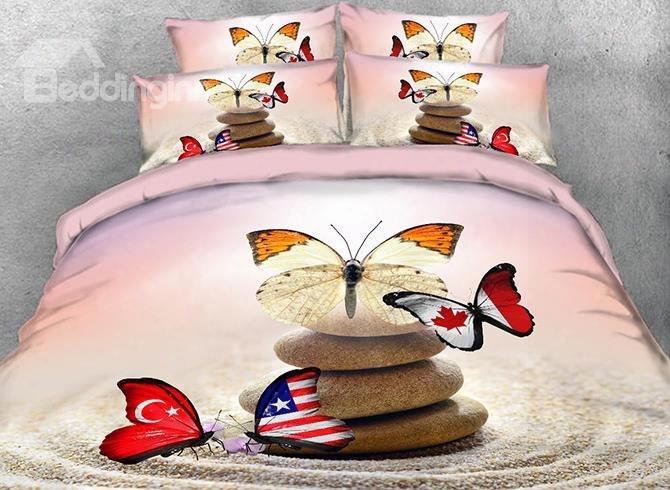 Onlwe 3d Flag Butterflies And Cobblestone Printed 4-piece Bedding Sets/duvet Covers