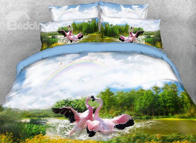 Onlwe 3d Flamingos Playing In Water Natural Scenery Cotton 4-piece Bedding Sets/duvet Covers