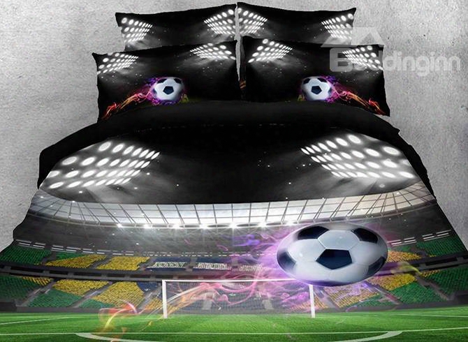 Onlwe 3d Flying Soccer Ball Under Stadium Lights Printed Cotton 4-piece Bedding Sets