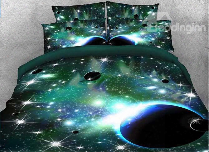 Onlwe 3d Galaxy And Celestial Body Printed 5-piece Green Comforter Sets