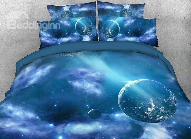 Onlwe 3d Galaxy Outer Space Blue Planets Printed 4-piece Bedding Sets/duvet Covers