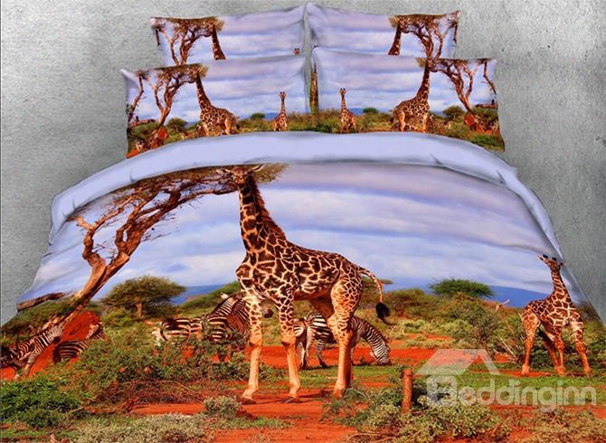 Onlwe 3d Giraffe And Zebra Safari Style 4-piece Bedding Sets/duvet Covers