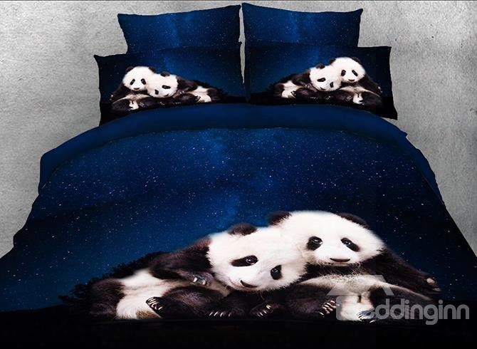 Onlwe 3d Panda And Blue Galaxy Printed Cotton 4-piece Bedding Sets/duvet Covers