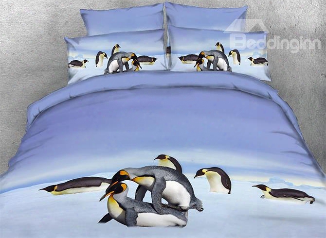 Onlwe 3d Penguins Playing In Snow Printed 4-piece Bedding Sets/duvet Covers