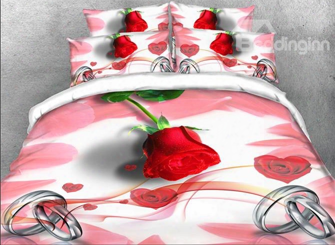 Onlwe 3d Red Rose And Couple Rings Printed 4-piece Bedding Sets/duvet Covers