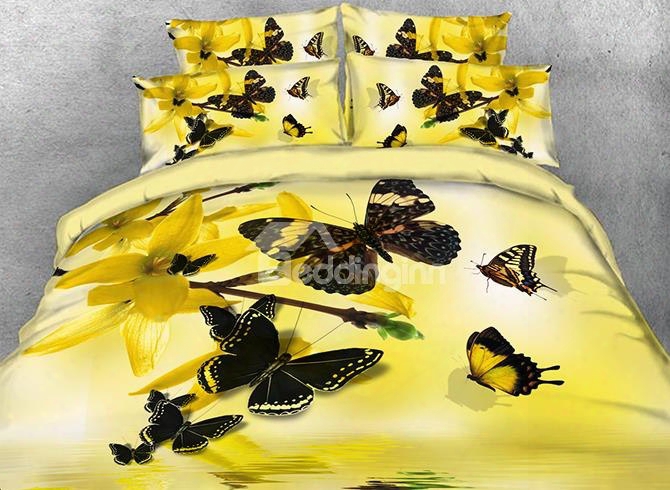 Onlwe 3d Yellow Forsythia And Butterfly Printed Cotton 4-piece Bedding Sets/duvet Ccovers