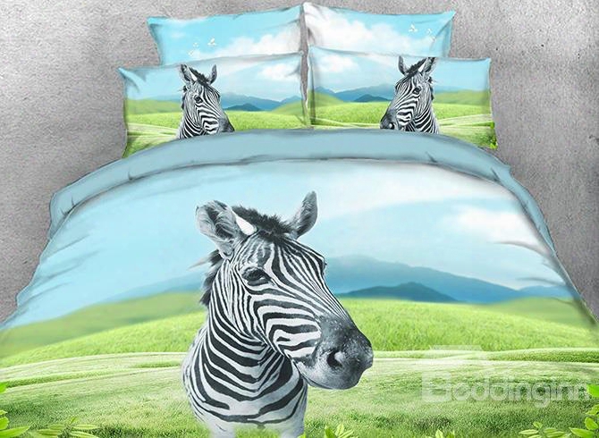 Onlwe 3d Zebra And Green Grassland Printed 4-piece Bedding Sets/duvet Covers