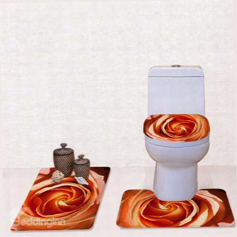 Orange Flower Pattern 3-piece Flannel Pvc Soft Water-absorption Anti-slid Toilet Seat Covers
