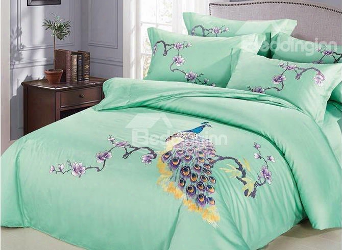 Peacock And Flowers Fresh Style Aqua Green 4-piece Cotton Sateen Bedding Sets/duvet Cover