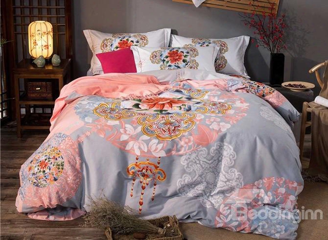 Peonies Blooms And Floral Scrolls Pattern Brushed Cotton 4-piece Bedding Sets/duvet Cover