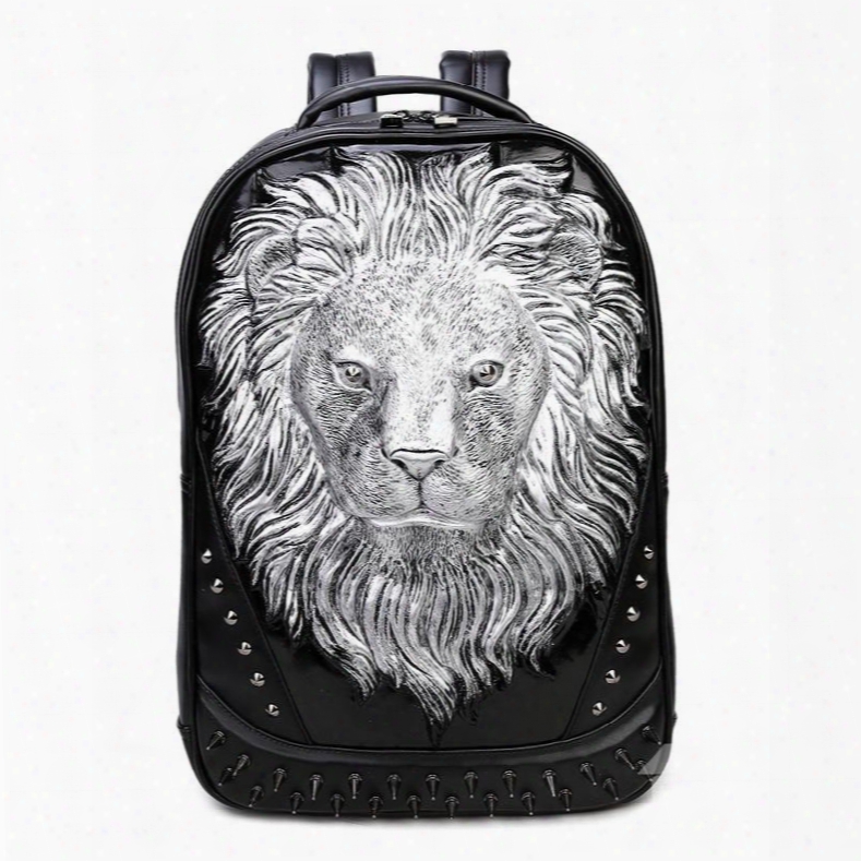 Personalized 3d Lion Pu Leather Casual Laptop Backpack Schoool Bag