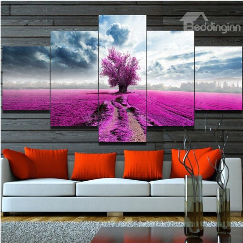 Pink Flowers Field Hanging 5-piece Canvas Eco-friendly And Waterproof Non-framed Prints