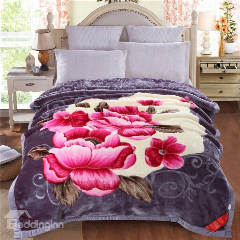 Pink Peonies Blossom Printed Blue Grey Flannel Fleece Bed Blanket