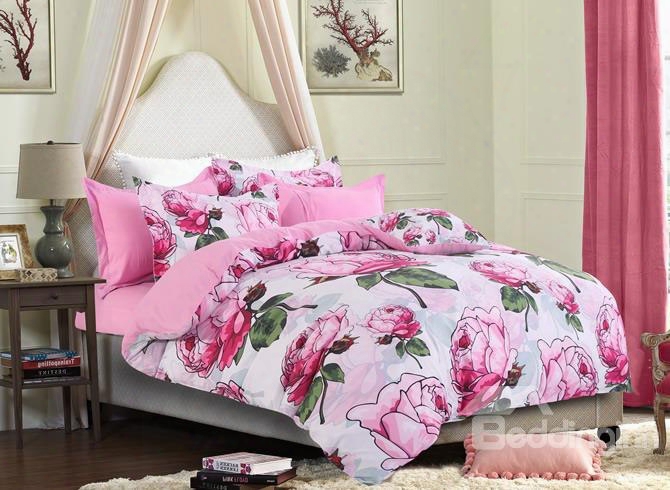 Pink Peony Blossom Pattern Patsoral Style Polyester 4-piece Bedding Sets/duvet Cover