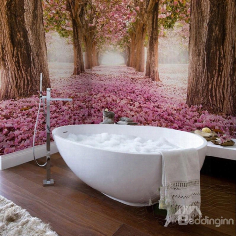Pink Romantic Sakura Tree Scenery Waterproof Decorative 3d Bathroom Wall Murals