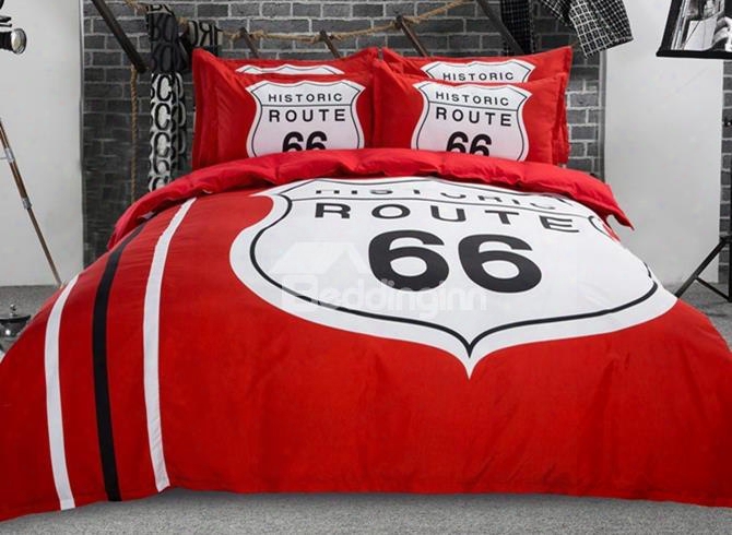 Popular Route 66 Print Red 4-piece Polyester Duvet Cover Sets
