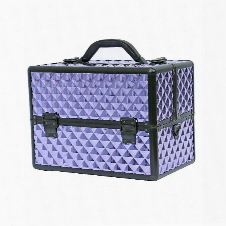 Purple Diamond Pattern Portable 3-tier Accordion Trays Makeup Case With Shoulder Strap