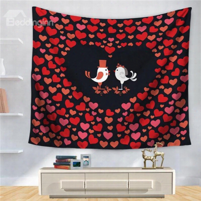 Red Heart Couple Birds Sweet Love Pattern Decorative Hanging Wall Tapestry