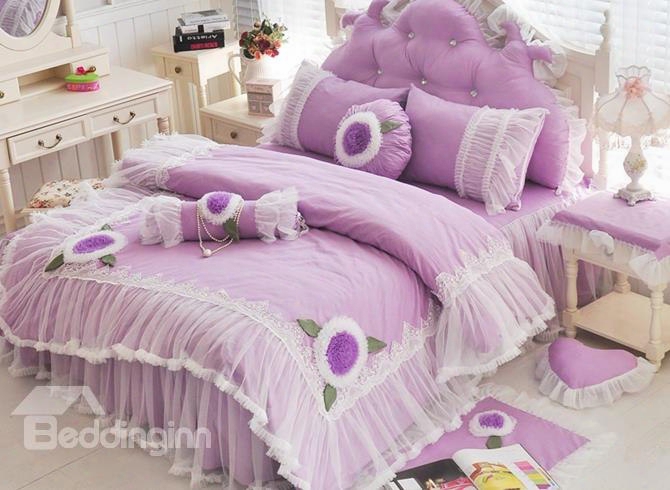 Romantic Lace Edging Purple 4-piece Cotton Duvet Cover Sets