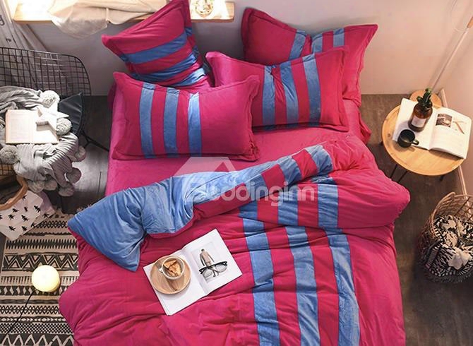 Rosy And Blue Stripes Color Blocking Sporty Super Soft 4-piece Bedding Sets/duvet Cover
