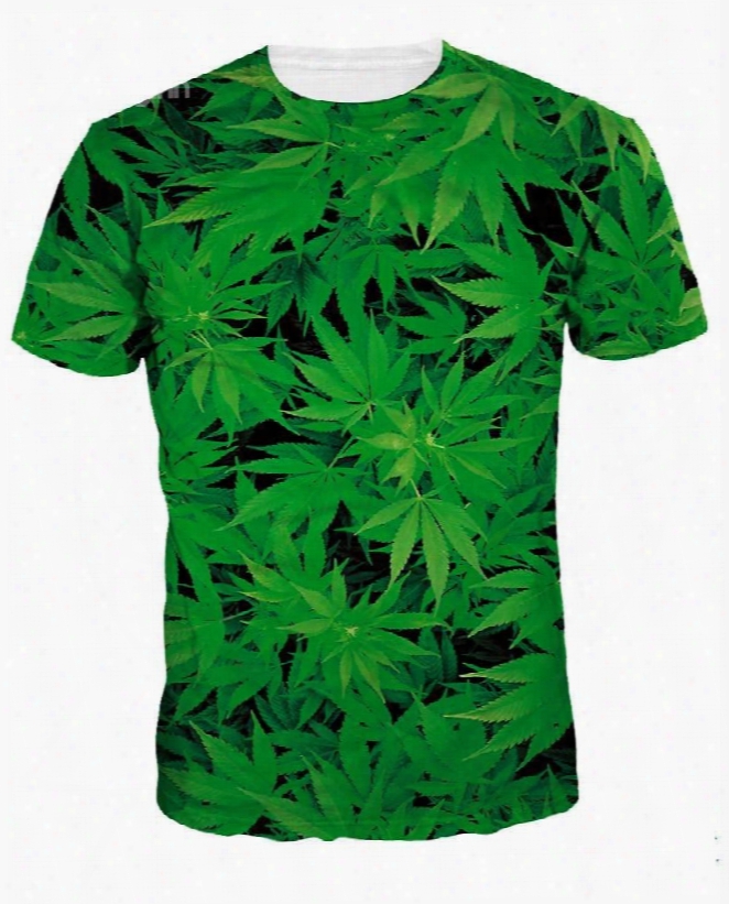 Round Neck Leaves Pattern Green 3d Painted T-shirt