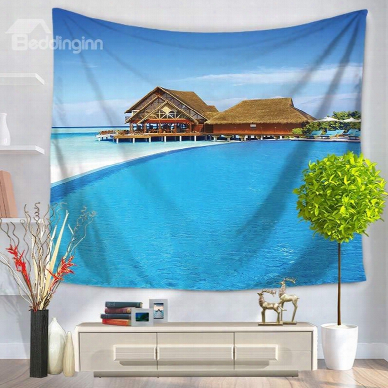 Seascape With Blue Sea And Wooden House Pattern Decorative Hanging Wall Tapestry