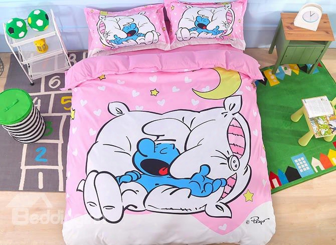 Sleepy Smurf With Moon Stars Printed 4-piece Pink Bedding Sets/duvet Covers