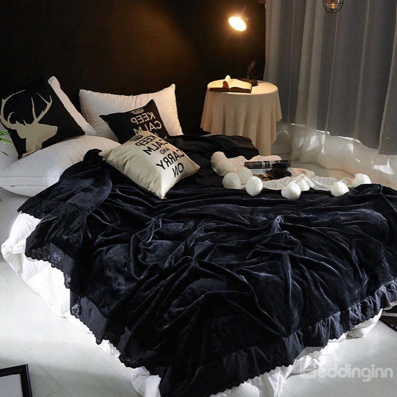 Solid Black Plush With Edge Super Soft Fluffy Bed Blanket