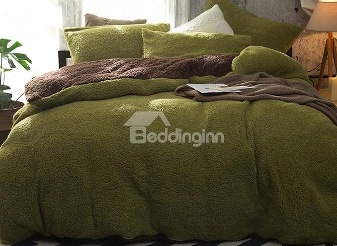 Solid Green And Coffee Reversible Polyester Faux Sherpa 4-piece Bedding Sets/duvet Cover