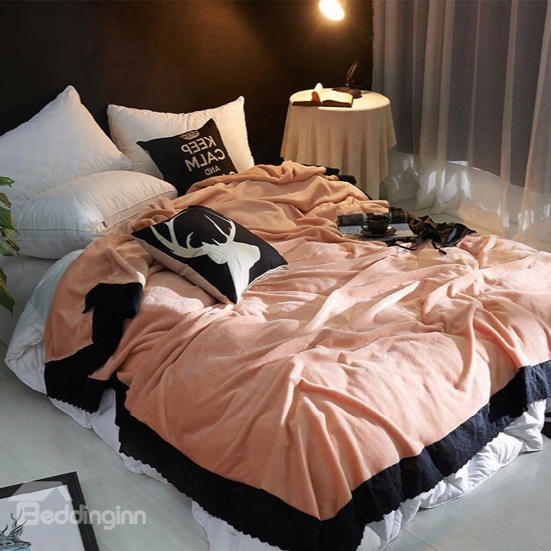 Solid Peachy Pink Plush With Black Edge Super Soft Fluffy Bed Blanket