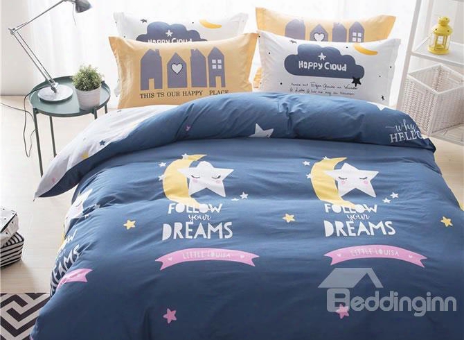 Stars Annd Moons Printed Cotton Blue Kids Duvet Covers/bedding Sets