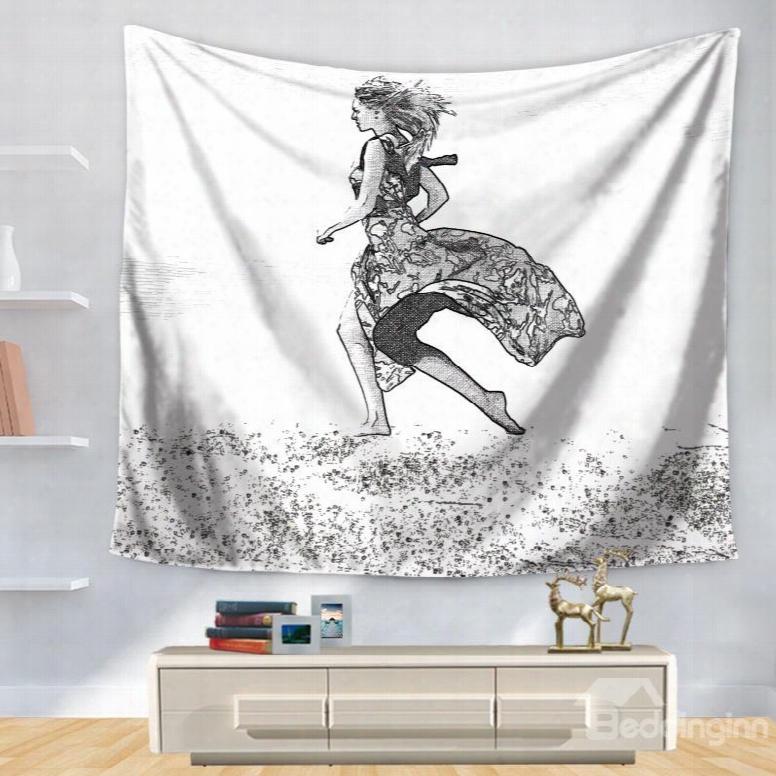 Stick Drawing Beautiful Girl Wears French Style Dress Running Pattern Decorative Hanging Wall Tapestry