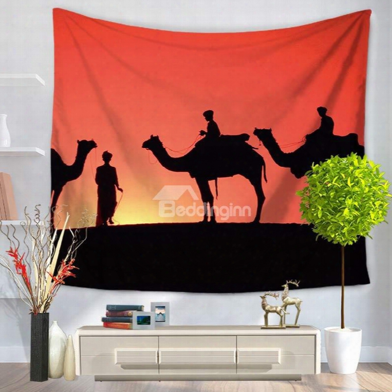 Sunset Desert With Traveling Camels And People Decorative Hanging Wall Tapestry