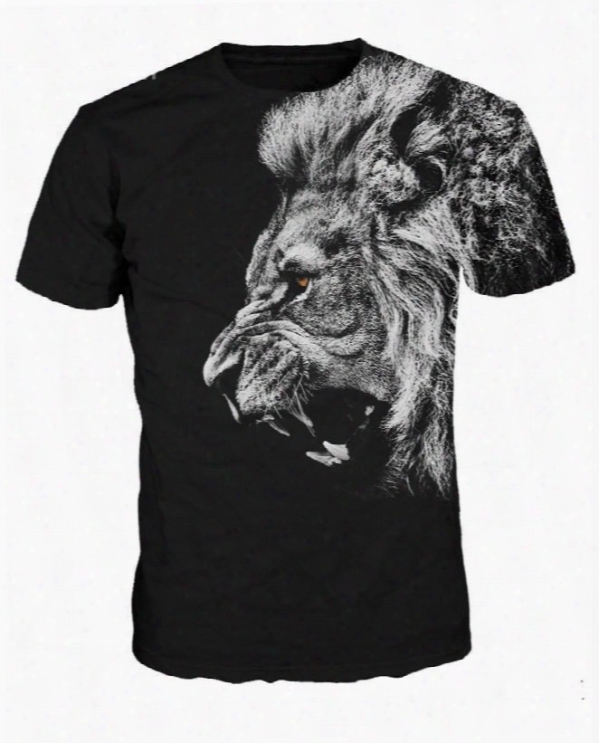 Super Cool Round Neck Lion Pattern Black 3d Painted T-shirt