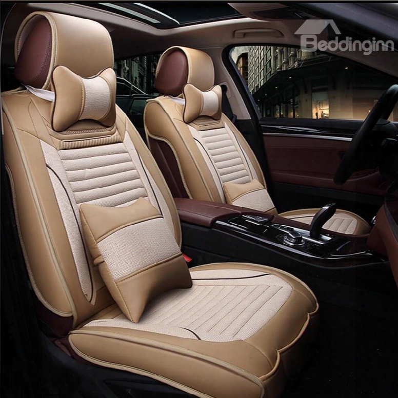 Textured Contrast Color Style With Pu Leather And Flax Mixing Universal Five Car Seat Cover