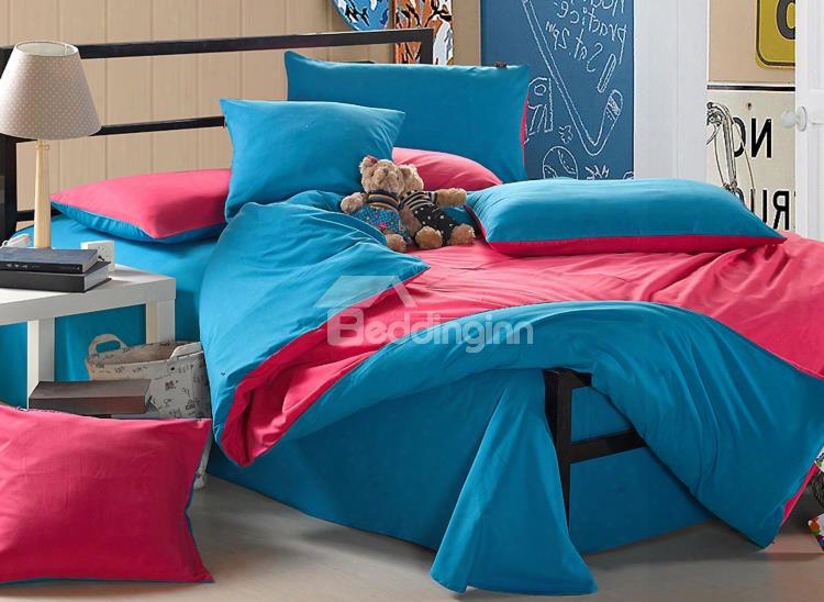 Trends Korean Style Subtle Contrast Color Cotton Queen Size 4 Piece Bedding Sets