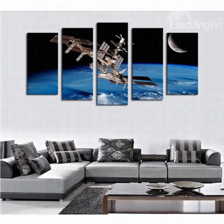 Ufo In Universe Pattern Hanging 5-piece Canvas Eco-friendly And Waterproof Non-framed Prints