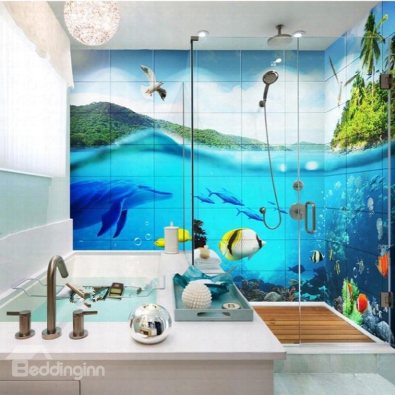 Vivid Blue Fishes And Dolphins In The Sea Pattern Waterproof Splicing 3d Bathroom Wall Murals