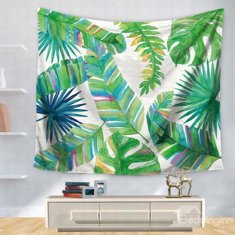 Watercolor Green Tropical Leaves Foliage Design Decorative Hanging Wall Tapestry