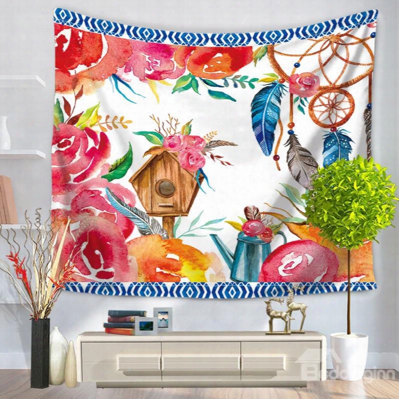 Watercolor Painting Dreamcatcher And Flowers Pattern Decorative Hanging Wall Tapestry