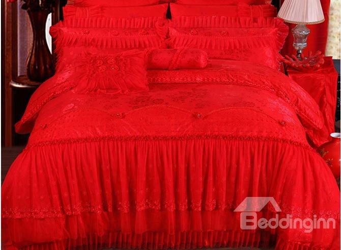 Wedding Style Floral Printed Lace Edged Red Cotton 4-piece Bedding Sets/duvet Cover